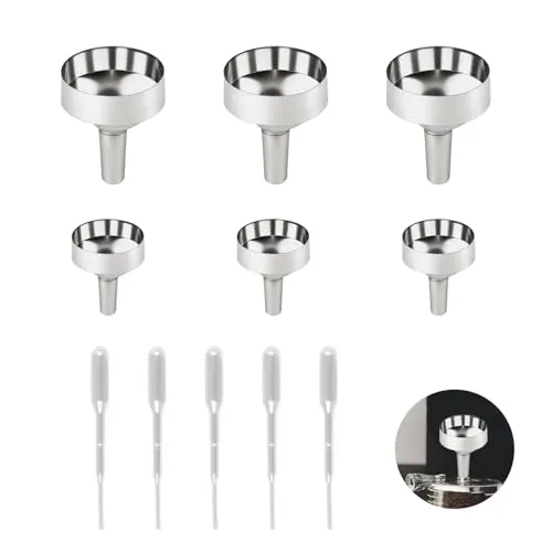 6-teiliges Metalltrichter-Set - Silberne Klein-Edelstahl-Trichter mit 5 Plastikpipetten (2ml), Mini-Trichter für Mini-Flaschen, Wein, Kosmetik, ätherische Öle und Parfüm (1,8cm + 2,5cm)