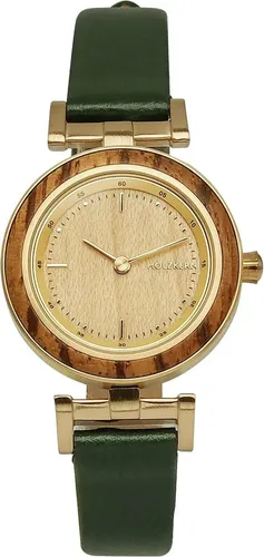 Holzkern Quarzuhr Quarz Laura Zebrano/Eiche - Elegante Armbanduhr für Frauen mit präzisem Quarzwerk, Zifferblatt aus Eichenholz und einzigartiger Zebranoholz-Lünette. Spritzwassergeschützt und mit grünem Lederband.