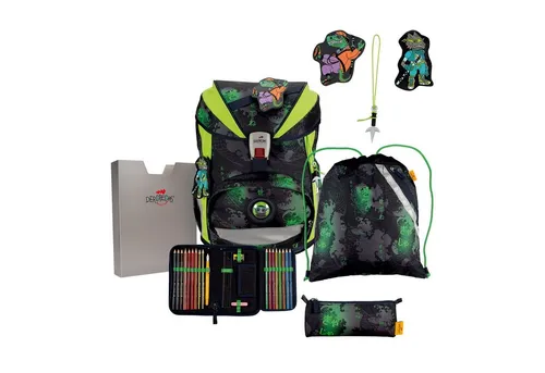 DER DIE DAS ErgoFlex Superlight Funny Fighter Set 5-teilig - Schulranzen mit ergonomischer Rückseite und gepolsterten Gurten für optimalen Tragekomfort. Perfekt für Schulanfänger! Maße: 28 x 38 x 18 cm.