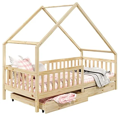 IDIMEX Kinderbett ALVA, Hausbett Montessori 90 x 200 - Betten: Naturbelassenes Kiefernholz, inklusive 2 Schubladen für zusätzlichen Stauraum, perfekt für kreative Schlafumgebungen.
