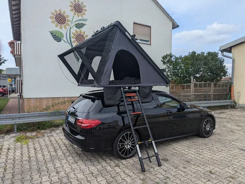 Dachzelt Autodachzelt Hardcase Schwarz/Grau mit LED - Campingzelt für das Auto, wasserfest und mit isolierendem Hardcase. Ideal für Abenteuer und Urlaubsreisen, bietet Platz für 2 Erwachsene und einfachen Zugang über die ausziehbare Leiter.