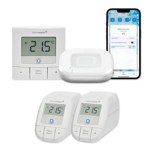 Set Heizen Basic 2xHeizkörper + Wandthermostat - Smart Home Heizungsset mit 2 Heizkörperthermostaten und Wandthermostat. Individuelle Temperaturregelung für mehr Komfort und Energieeffizienz im Zuhause.