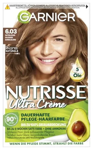 Garnier Nutrisse Ultra Creme Dauerhafte Pflege-Haarfarbe 6.03 Natürliches Goldenes Dunkelblond mit bis zu 100 Prozent Grauabdeckung
