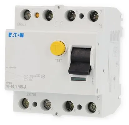 Eaton PXF-40/4/05-A FI-Schalter 40A, 4p, 500mA, Typ A - FI Typ A, 4-polig, schützt zuverlässig vor elektrischen Fehlerströmen mit einer Bemessungsfehlerstromstärke von 500mA – ideal für Wohn- und Zweckbau.