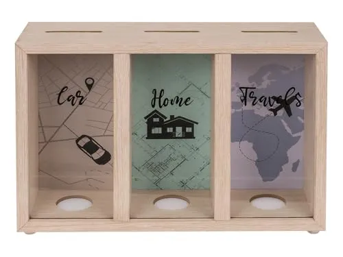 ootb Spardose mit 3 Fächern Holz Urlaubskasse Sparbüchse Geschenkidee Reisekasse Car Home Travels, Einheitsgröße, Mehrfarbig