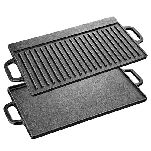 Velaze Gussplatte mit Griffen, Gusseisen Grillplatte Doppelseitig Verwendbar, Hochwertige Gusseisenplatte für Gasgrill und Elektrogrill, Grillpfanne für BBQ, Camping, Garten - 42 x 23cm