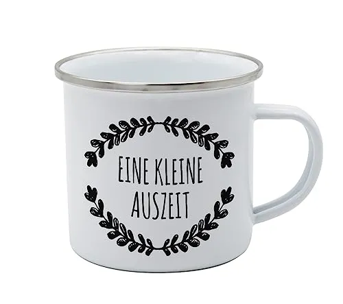 GEDALABELS Tasse Kleine Auszeit Emaille 350ml, Camping, Outdoor, Trinkbecher, Emaillebecher, Emailletasse, lebensmittelecht, Weiß Oder Cremefarben