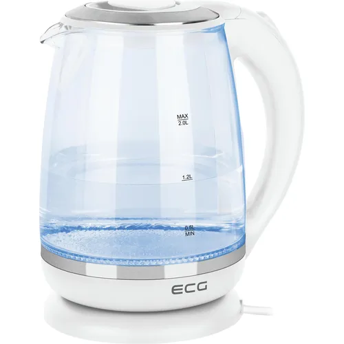 ECG RK 2020 White Glass Wasserkocher - Eleganter Wasserkocher mit 2 l Volumen und blauer Hintergrundbeleuchtung. Verdecktes Heizelement und Überhitzungsschutz für sicheres Kochen.