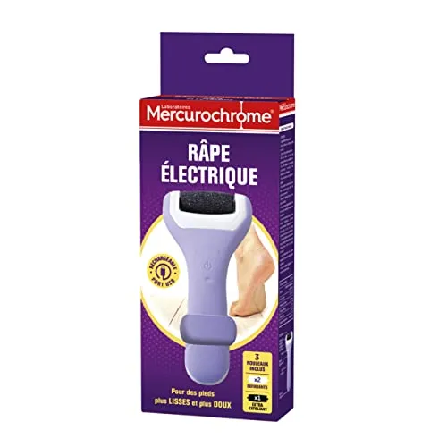 MERCUROCHROME - Elektrische Reibe – 1 elektrische Reibe und 3 Rollen im Lieferumfang enthalten – wiederaufladbar per USB-Anschluss – keine Batterien erforderlich – für glattere und weichere Füße