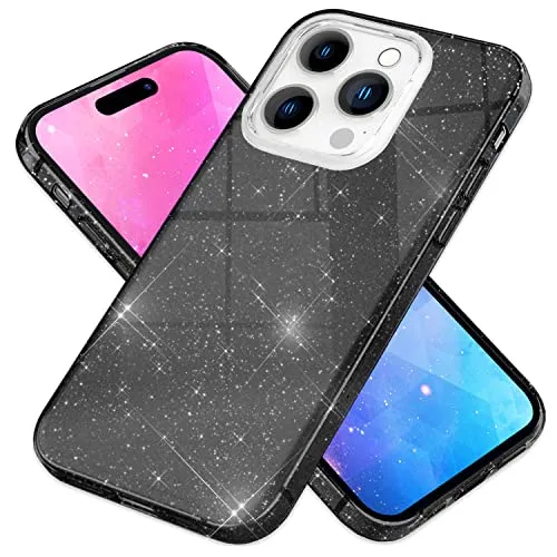 NALIA Glitzerhülle für iPhone 14 Pro Max - Funkelnder Glitzer-Look & Grip - SHINEPOP (Silikon Case) - Marke aus Berlin, Farbe:Schwarz