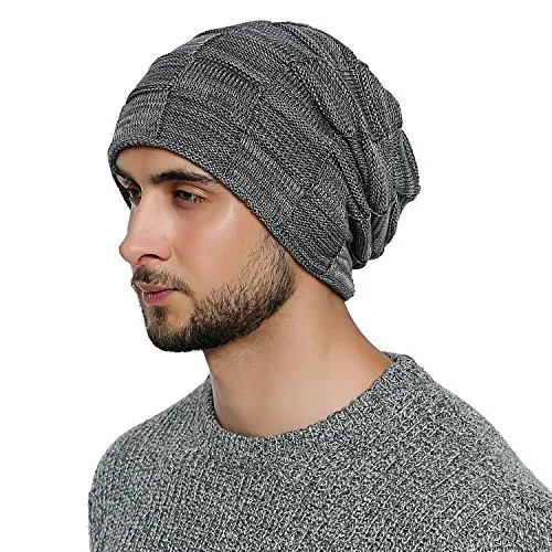 DonDon Mütze Herren Wintermütze Slouch Beanie Strickmütze mit warmen Fleece Innenfutter grau weiß