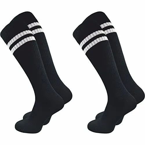 GAWILO Damen Retro Kniestrümpfe (2 Paar) | 78% Baumwolle | knielange Socken im sportlichen Look mit Komfortbund | ohne zu Verrutschen (35-38, schwarz + Ringel)