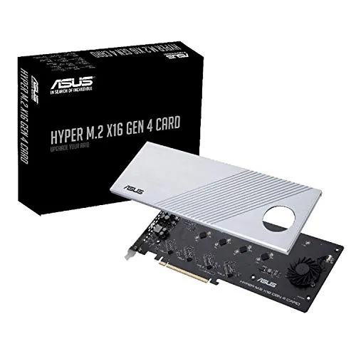 ASUS Hyper M.2 X16 PCIe 4.0 Erweiterungskarte - Grafikkarten mit Unterstützung für 4 NVMe M.2 SSDs bis zu 256 Gbit/s, ideal für hohe Performance und effiziente Kühlung mit stylischem Kühlkörper.
