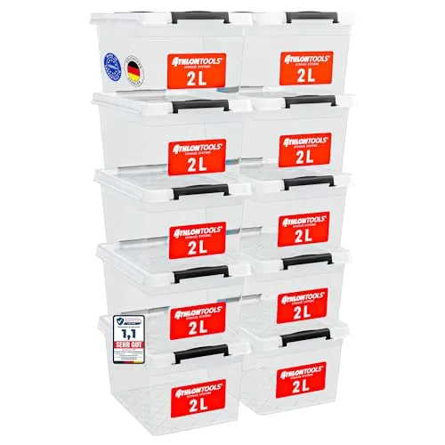 ATHLON TOOLS 10x 2L Aufbewahrungsboxen mit Deckel klein – 100% Neumaterial - transparent - BPA Frei – stapelbare Behälter – graue Verschlussclips – nahezu Luftdicht - Organizer