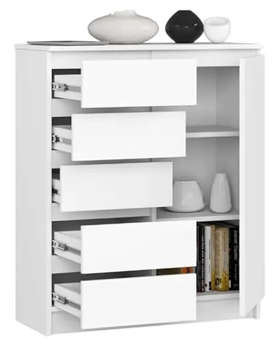 BDW - Kommode mit 5 Schubladen und 1 Tür - 80 cm breit, 97 cm hoch - Schrank, Sideboard, Mehrzweck-, Schuhschrank, Schubladenkommode, Aktenschrank - Wohn-, Schlafzimmer, Flur (Weiss)