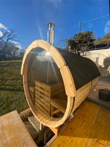 Saunatonne Fasssauna Holzsauna Gartensauna Saunafass - Geräumige Fasssauna für 8 Personen, ideal für entspannende Stunden im Garten. Aus robustem Holz gefertigt, sorgt sie für eine angenehme Wärme und ist einfach zu installieren.