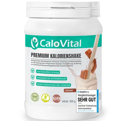 CaloVital Premium Kalorienshake Schokolade 500 g - Hochkalorisches Getränkepulver - Sonstige Aufbaupräparate, ideal für Gewichtserhaltung und -zunahme, reich an Vitaminen und Mineralstoffen, glutenfrei und perfekt für aktive Lebensstile.