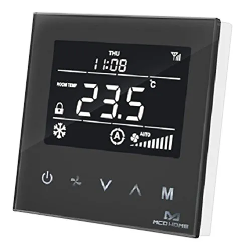 MCO Home Smart Fan Coil Thermostat MH8-FC4 - Ventilatoren mit zentraler Steuerung für 4-Rohr Ventilatorkonvektoren. Elegantes schwarzes Glaspanel, intelligentes Display und flexible Modi für Kühlen, Heizen und Lüften.