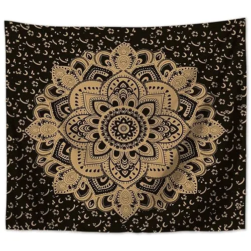 MT Majami Wandbehang Mandala indisch 150x125 cm Schwarz Gold Polyester Wandtuch Wandteppich Tapisserie Hippie Retro