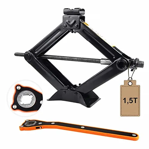 EXLECO Scherenwagenheber 1,5T Wagenheber Rangierwagenheber Heber mit 2 in 1 Universaler Ratschenschlüssel, Autoheber für Auto Familienauto PKW/SUV/MPV Steckschlüssel 360 °Aktivitätskopf