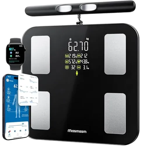Personenwaage Körperfettwaage Smart Waage Personen Digitale 28 Messwerte 8-Elektroden Dual Frequenz BIA Körperwaage VA-DisplayKörperwaage Digital Bluetooth, Kompatibel mit iOS/Android, 180 kg/400 lbs