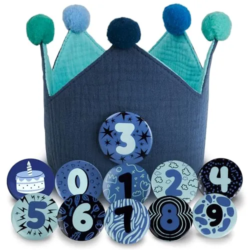Geburtstagskrone Mädchen und Junge - 0-9 Auswechselbare Zahlen - Musselin Krone Wiederverwendbar für Kinder (Blau und Türkis)