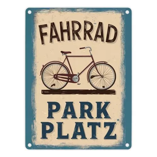 Vintage Fahrrad Parkplatz Metallschild in 15x20 cm Stilvolles altmodisches Schild in Blau mit charmanten Buchstaben auf Hintergrund
