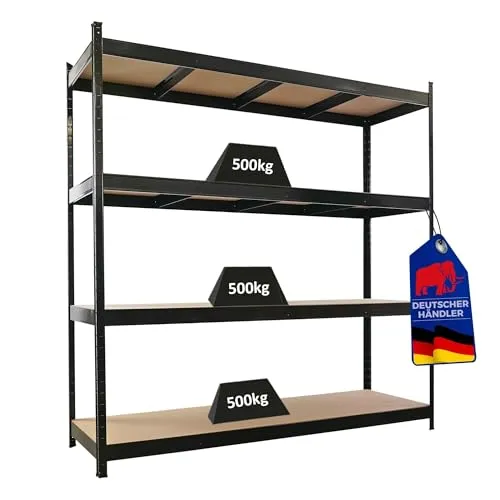 Profi Schwerlastregal HERCULES | 200x200x60cm | 4 Höhenverstellbare MDF-Ebenen | 500kg Fachlast | Schwarz - Das HERCULES Schwerlastregal von PROREGAL bietet eine stabile Lagerlösung für Werkstatt und Garage. Mit 4 höhenverstellbaren Ebenen und einer Tragkraft von bis zu 500 kg pro Ebene ist es ideal für schwere Gegenstände.
