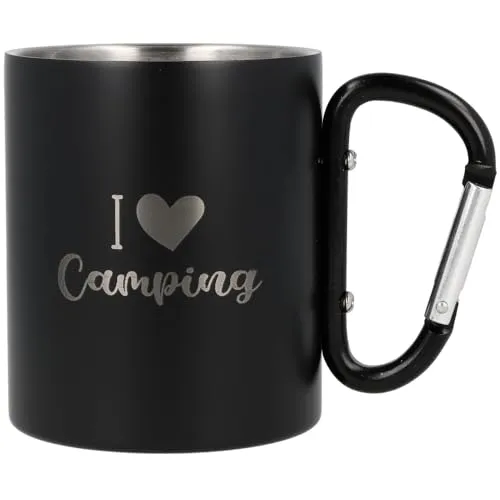 Spruchreif | Edelstahltasse mit Karabinerhaken Henkel mit Gravur I Camping in Schwarz Matt | Geschenk für Camper Wanderer | Camping Geschenke