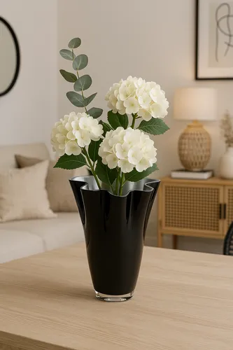 Vase Glas gewellt schwarz silber Glasvase Blumenvase mundgeblasen Tischvase