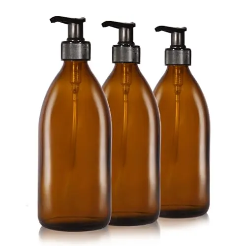 Oputec 3 x 500ml Seifenspender aus Glas: Shampoo Flaschen zum Befüllen als Duschgel Spender, Pumpspender - Pumpflasche aus Braunglas - Behälter zum Befüllen für Küche Badezimmer
