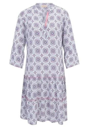 Cartoon Damen Casual-Kleid mit Stufen 34, Blue/Apricot - Freizeitkleider für Damen - Lässige Passform und modernes, abstraktes Muster für stilvolle Freizeitlooks, Gesamtlänge 98 cm für maximalen Tragekomfort.