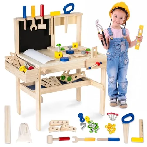 Mamabrum Werkzeugkasten und Zubehör Set für Kinder - Kunststoffspielzeug mit einer modernen Holzwerkbank, die die Fantasie anregt und die Hand-Auge-Koordination fördert – das perfekte Geschenk für kreative kleine Handwerker!