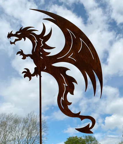 Drache fliegend 63x45cm + Stab Edelrost Gartenstecker Rost Metall Dragon