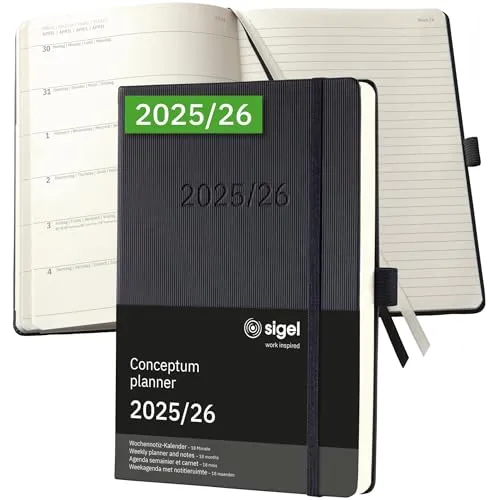 sigel Buchkalender Conceptum 2025/2026 DIN A5 schwarz - Praktischer Buchkalender im DIN A5 Format, ideal für Planung und Organisation, perfekt für Berufstätige und Studenten.