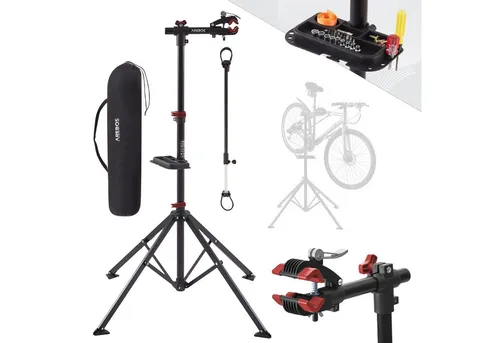 Arebos Fahrrad-Montageständer rot, höhenverstellbar & drehbar - Montageständer für Fahrräder, höhenverstellbar von 112-188 cm, 360° drehbar und bis 30 kg belastbar. Ideal für die Wartung und Reparatur Ihres Fahrrads, mit praktischer magnetischer Werkzeugablage.