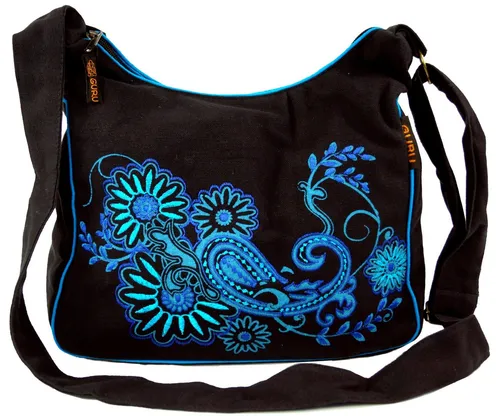 Schultertasche, Hippie Tasche, Goa Tasche - schwarz/blau - Damentaschen mit 3 Fächern, fair gehandelt aus 100% Baumwolle, ideal für den Ethno-Stil und vielseitig kombinierbar.