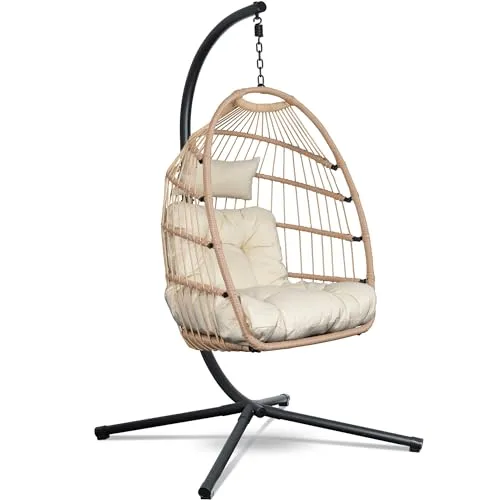 Swoods Hängesessel mit Gestell - Hängesessel Outdoor - Indoor und Outdoor - Hängstuhl mit Großen Kissen - Klapbarer Rattensessel - bis 150 kg - Naturel