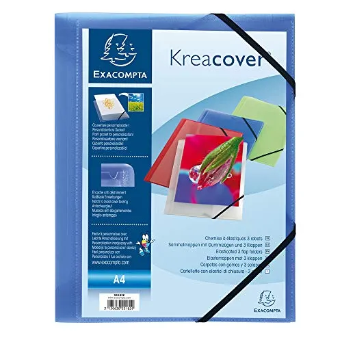 Exacompta 55182E Einschlagmappe Kreacover. Aus Kunststoff DIN A4 mit 2 Gummizügen und 3 Klappen blau Sammelmappe Dokumentenmappe ideal für Büro und Schule