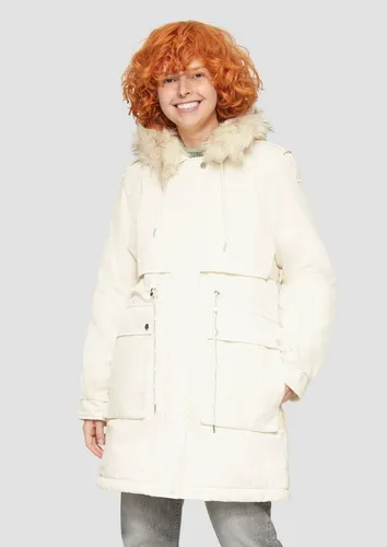 QS Damen 2149857 Mantel mit abnehmbarem Kunstfell, Weiß 510, 38 - Funktionsjacke mit fixierter Kapuze und abnehmbarem Kunstfell für individuelle Styles, ideal für kalte Tage.
