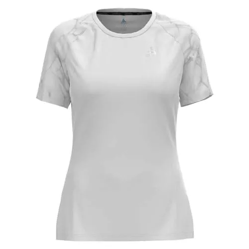 ODLO Damen Laufshirt Kurzarm Essential mit Print – Sportliches Fitness Shirt - Hochwertiges Sport T-Shirt aus 67% recyceltem Polyester, im Regular Fit für optimalen Komfort und Bewegungsfreiheit. Reflektierende Details sorgen für mehr Sicherheit beim Laufen in der Dämmerung.
