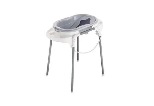 Rotho Babydesign TOP Badestation - wasserdicht und ergonomisch - Badewanne mit Antirutschmatte und Höhenverstellbarem Gestell für komfortables und sicheres Baden von Babys bis 25 kg. Praktische Ablageflächen und einfaches Entleeren durch Ablaufschlauch.