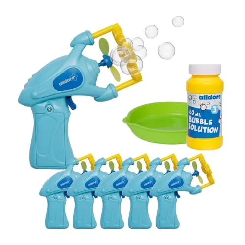 alldoro 68762 Seifenblasenpistolen 6er Set mit Propeller - 6er Set mit batteriebetriebenen Seifenblasenpistolen für unvergessliche Momente. Der rotierende Propeller erzeugt hunderte schillernde Blasen – ideal für Kindergeburtstage und Sommerfeste. Sofort startklar mit 60 ml Seifenblasenflüssigkeit pro Pistole!