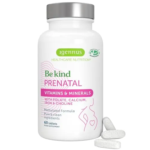 Igennus methyliertes pränatales Multivitamin für Frauen, Folat für MTHFR, hoch-absorbierbar, hohe Reinheit, verträgliches Eisen, Cholin, Calcium & Magnesium, Schwangerschaftsvitamine, 60 Tabletten