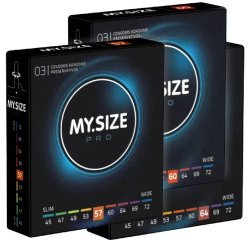MY.SIZE XXL-Kondome PRO «Probierset XL» (57mm, 60mm, 64mm) 3 Packungen mit je 3 Maßkondomen, insgesamt, 9 St., Kondome zum Anprobieren und Austesten, die neue Generation MY.SIZE Kondome
