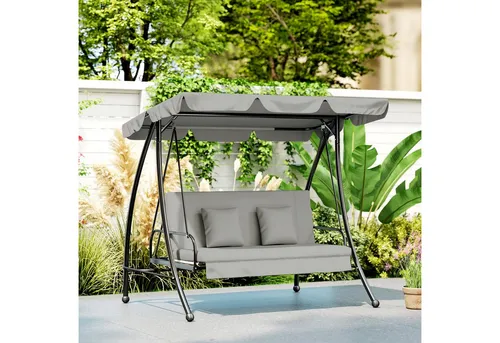 Outsunny Hollywoodschaukel Schaukelbank mit Dach, 3-Sitzer, Bettfunktion, Schaukelstuhl, 1 tlg., Gartenschaukel, für Garten, Balkon, Grau