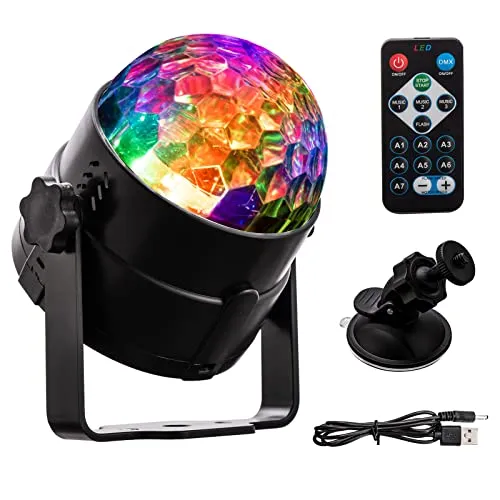 Discokugel, LED Discolicht DJ Partylicht 3W RGB Diskokugel 360° Drehbares Musikgesteuert Disco Licht USB Kabel Disco Kugel mit Saugnapfhalterung und Fernbedienung für Party Deko Karneval Fasching Deco