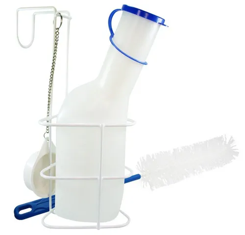 SANISMART Urin-Flasche Set aus Urinflasche + Halter + Reinigungsbürste, kunststoffbeschichtet