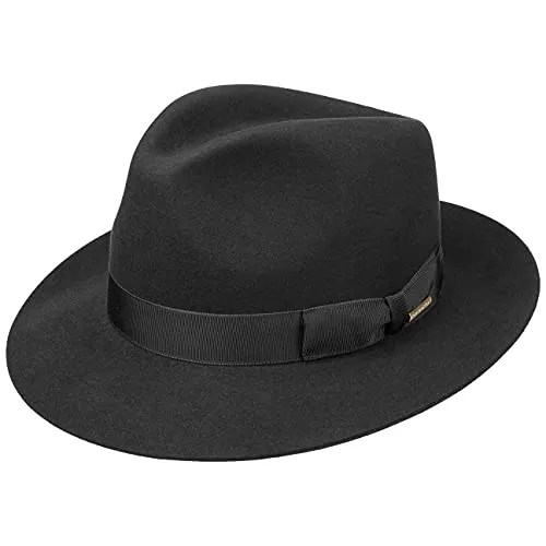 Stetson Penn Bogarthut Haarfilz Filzhut Damen Herren Mafiahut 100% Tierhaar Sommer Winter Hut mit Ripsband Klassischer Pate schwarz 55 cm