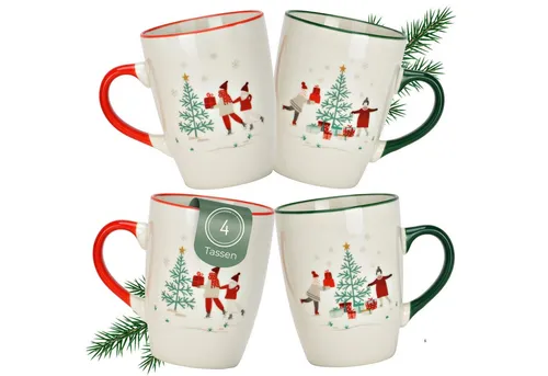 matches21 HOME & HOBBY Tasse Weihnachtstassen 4er Set Design mit Geschenk-Motiv, Kaffeetasse 330 ml, 4-tlg., Porzellan, Tassen für Kaffee & Tee für Weihnachten